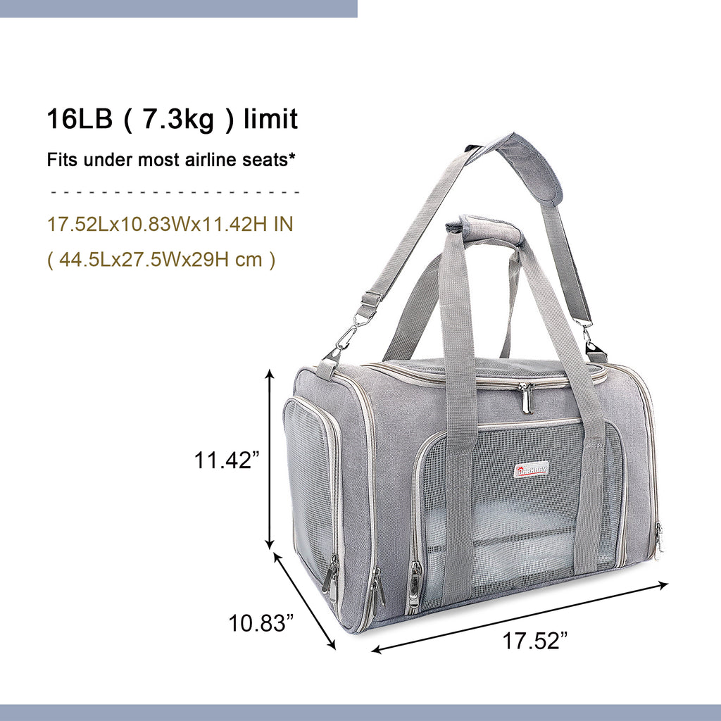 BARKBAY Pet Carrier Airline Approved Soft-Sided Pet Travel Carrier | Ventilated,Comfortable Design with Safety Features | Ideal for Small Medium Sized Cats, Dogs, and Pets 17.52Lx10.83Wx11.42H in